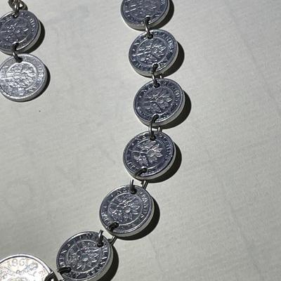 Vintage Netherlands Sterling Silver Necklace 22" Long & Earrings w/Aluminum Coins in Good Preowned Condition.