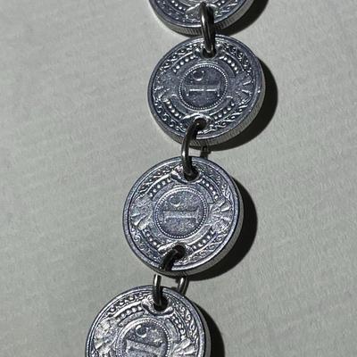 Vintage Netherlands Sterling Silver Necklace 22" Long & Earrings w/Aluminum Coins in Good Preowned Condition.