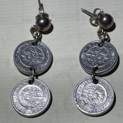 Vintage Netherlands Sterling Silver Necklace 22" Long & Earrings w/Aluminum Coins in Good Preowned Condition.