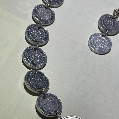 Vintage Netherlands Sterling Silver Necklace 22" Long & Earrings w/Aluminum Coins in Good Preowned Condition.