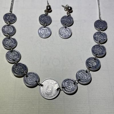 Vintage Netherlands Sterling Silver Necklace 22" Long & Earrings w/Aluminum Coins in Good Preowned Condition.