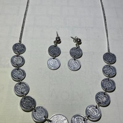 Vintage Netherlands Sterling Silver Necklace 22" Long & Earrings w/Aluminum Coins in Good Preowned Condition.