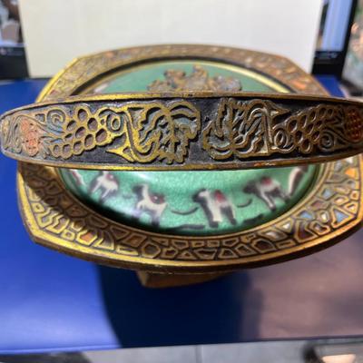 Vintage Judaica Enameled Mosaic Footed Metal Covered Bowl w/Jerusalem Handle Approx 7