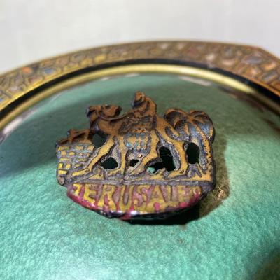 Vintage Judaica Enameled Mosaic Footed Metal Covered Bowl w/Jerusalem Handle Approx 7