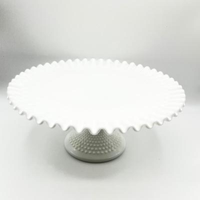 FENTON ~ Vtg. Hobnail White Milk Glass Ruffled Pedestal Cake Plate