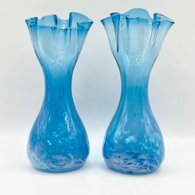 DEE BEE CO. IMPORTS ~ Pair (2) Blue Ruffle Rim Art Glass Vases