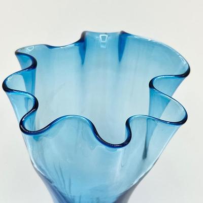 DEE BEE CO. IMPORTS ~ Pair (2) Blue Ruffle Rim Art Glass Vases