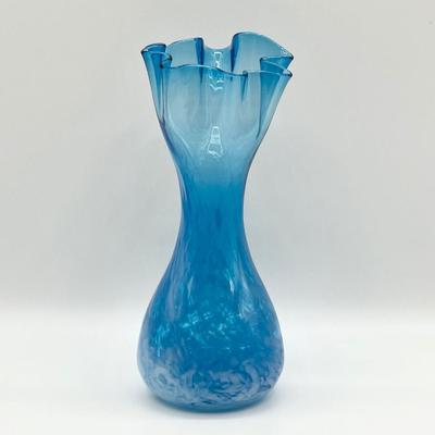 DEE BEE CO. IMPORTS ~ Pair (2) Blue Ruffle Rim Art Glass Vases