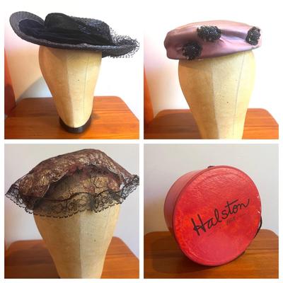 Lot 3 Vintage Hats + Halston Hat Box
