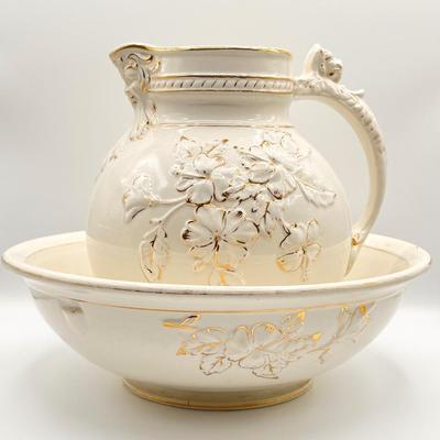 Vtg. Gold Embellished Washstand Pitcher & Bowl ~*Read Details