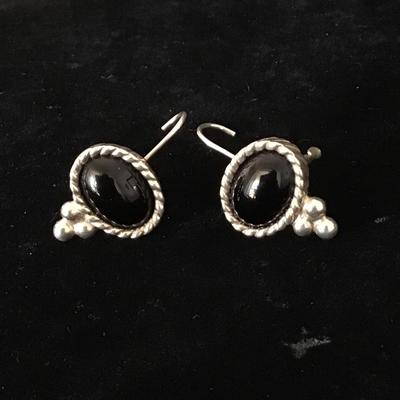 Silver tone marked black onyx vintage earrings