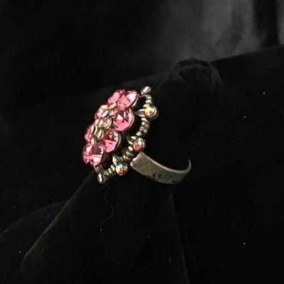Pink Rhinestone flower silver tone Adjustable ring