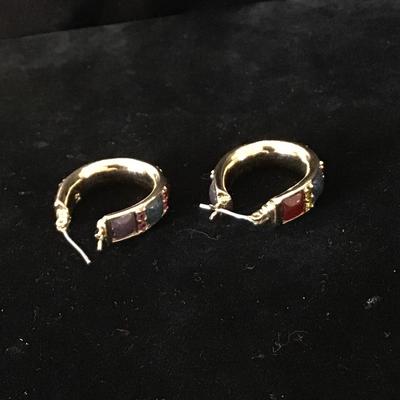 Vtg Liz Claiborne Oval Hoop Earrings Gold Tone Multi-colored Inlays Rhinestones