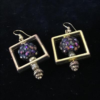 Gold tone square earrings with purple circle rhinestone