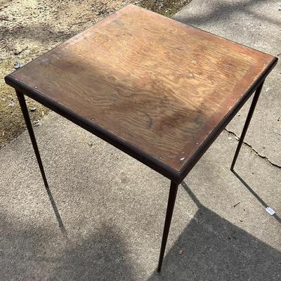 Vintage Lyon Steel Art Brown Wood Top Folding Table with Steel Legs