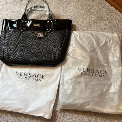 Lot of 2 New Versace Black Gold Luxury Promo Tote Bags Patent Leather