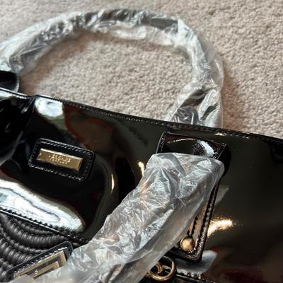 Lot of 2 New Versace Black Gold Luxury Promo Tote Bags Patent Leather