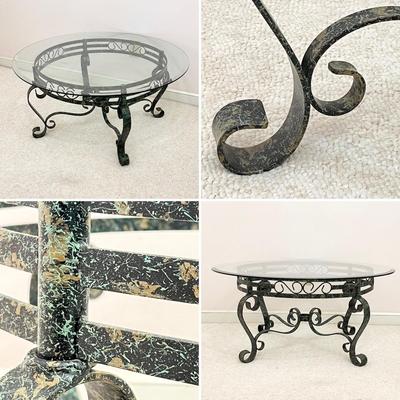 Green & Black Distressed Finish Metal With Beveled Glass Top Tables ~ Set Of Three (3)