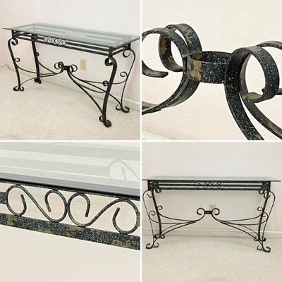 Green & Black Distressed Finish Metal With Beveled Glass Top Tables ~ Set Of Three (3)