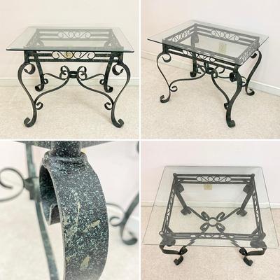 Green & Black Distressed Finish Metal With Beveled Glass Top Tables ~ Set Of Three (3)