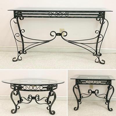 Green & Black Distressed Finish Metal With Beveled Glass Top Tables ~ Set Of Three (3)