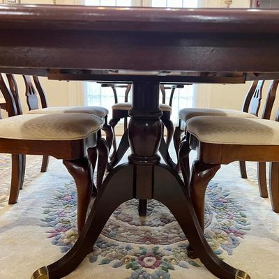 Double Pedestal Dark Wood Dining Room Table & Chairs ~ Read Details