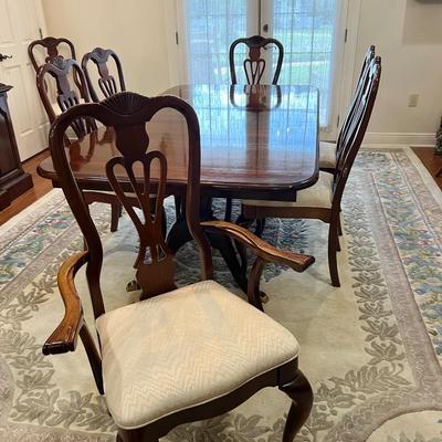 Double Pedestal Dark Wood Dining Room Table & Chairs ~ Read Details