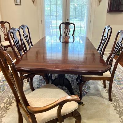 Double Pedestal Dark Wood Dining Room Table & Chairs ~ Read Details