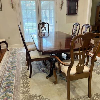 Double Pedestal Dark Wood Dining Room Table & Chairs ~ Read Details