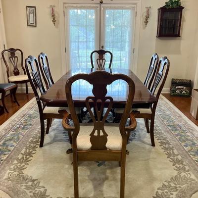 Double Pedestal Dark Wood Dining Room Table & Chairs ~ Read Details