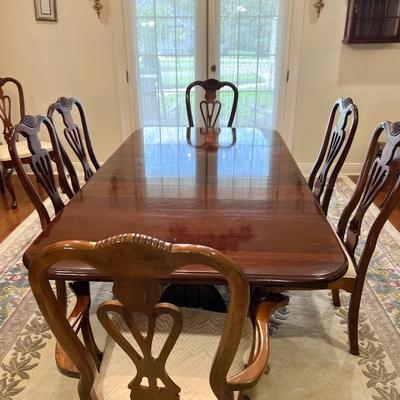 Double Pedestal Dark Wood Dining Room Table & Chairs ~ Read Details