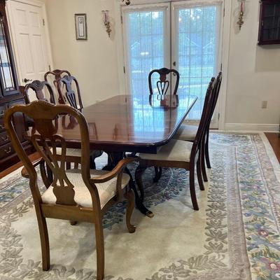 Double Pedestal Dark Wood Dining Room Table & Chairs ~ Read Details