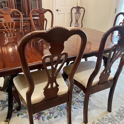 Double Pedestal Dark Wood Dining Room Table & Chairs ~ Read Details