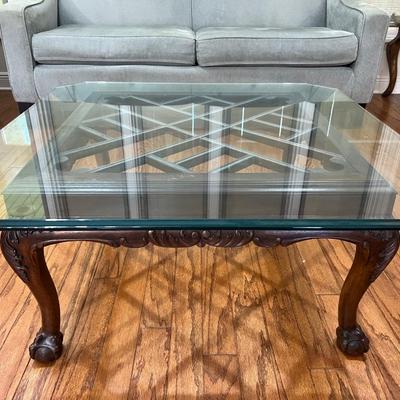 Hollywood Regency Lattice Motif Style Mahogany Wood Coffee Table