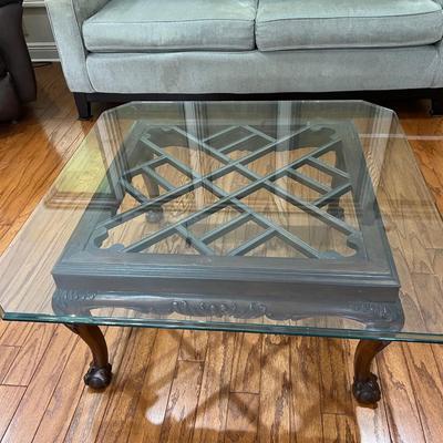Hollywood Regency Lattice Motif Style Mahogany Wood Coffee Table