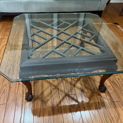 Hollywood Regency Lattice Motif Style Mahogany Wood Coffee Table