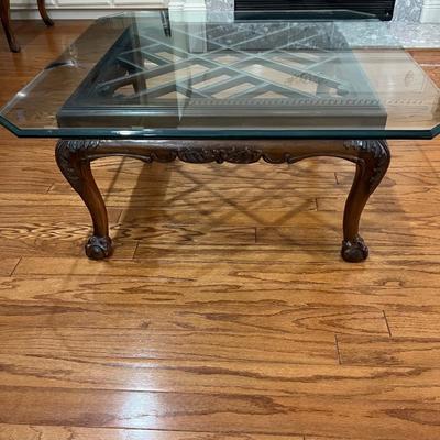 Hollywood Regency Lattice Motif Style Mahogany Wood Coffee Table