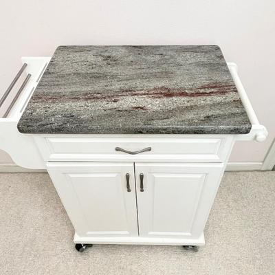 White Wooden Kitchen Cart With Gray Granite Top