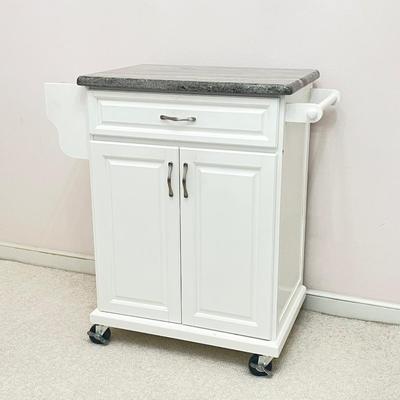 White Wooden Kitchen Cart With Gray Granite Top