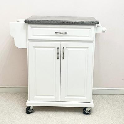 White Wooden Kitchen Cart With Gray Granite Top