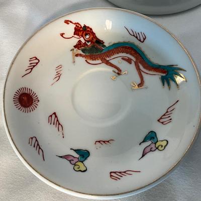 Vintage Red Dragon Tea pot and saucers
