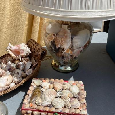 65- Shells, lamp, trinket box & tote