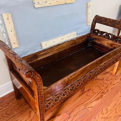 Hand Carved Wooden Window Seat Bench