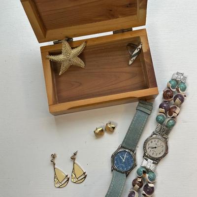 LOT 9: Beachy Jewelry & Box- Watches, Ring, Pin & Earrings