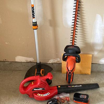 LOT 91: Garden Tool Collection - Worx Weed Whacker, Black and Decker Hedge Trimmer, Homelite Blower and More