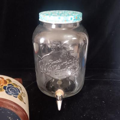 LARGE ENAMEL BOWL AND TEA KETTLE PLUS GLASS BEVERAGE CONTAINER