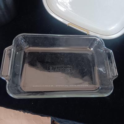 ANCHOR HOCKING & CORNING WARE BAKING DISHES, PRESTO PRESSURE COOKER AND PLATTER