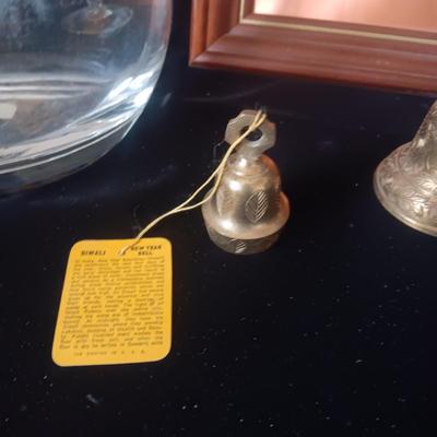 COPPER SCULPTED MADONNA AND CHILD, 3 BRASS BELLS AND VASES