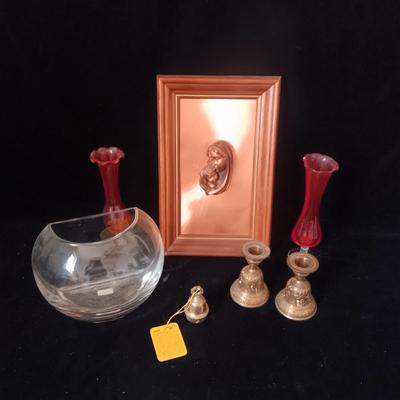 COPPER SCULPTED MADONNA AND CHILD, 3 BRASS BELLS AND VASES