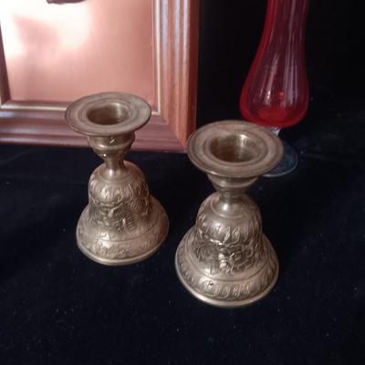 COPPER SCULPTED MADONNA AND CHILD, 3 BRASS BELLS AND VASES